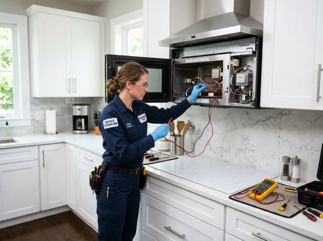 Appliance Repair Hero technician testing an over-the-range microwave in a Bellflower, CA kitchen